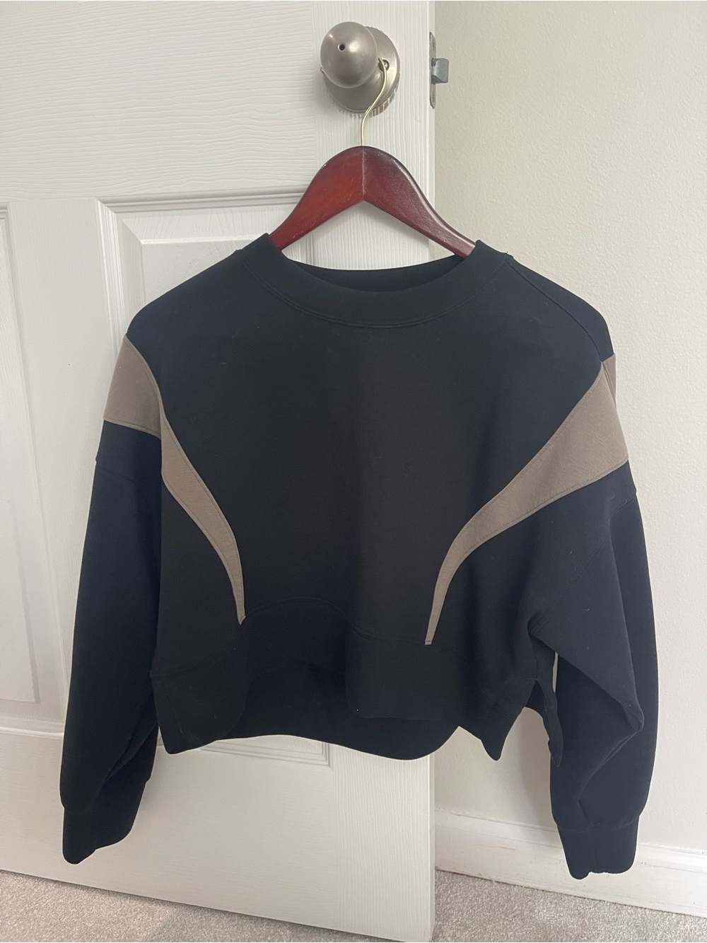 Black Cropped Sweatshirt with Taupe Accent Panels